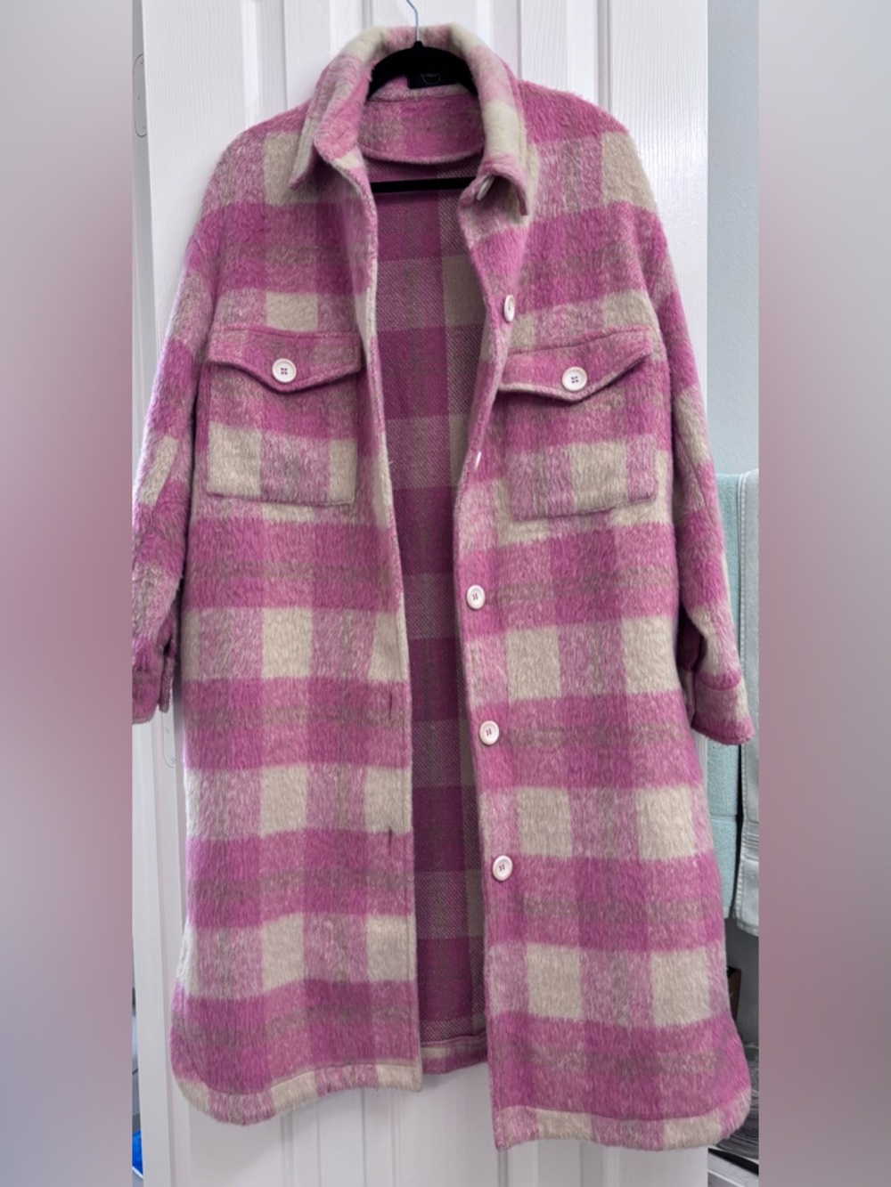 billitodu Pink Plaid Fuzzy Longline Shacket Coatigan - SIZE S (OVERSIZED) - Picture 3 of 16